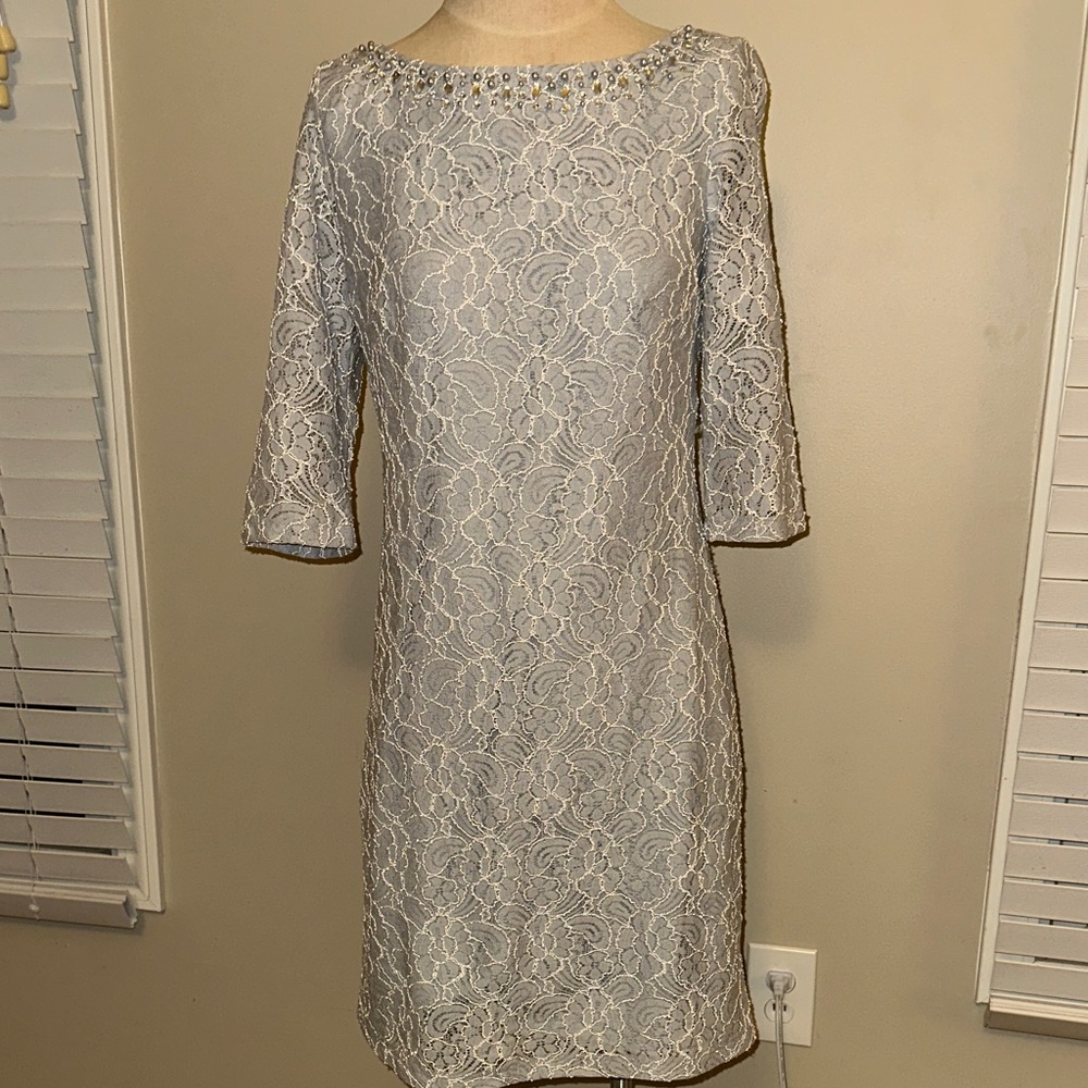 J Howard Lace Long Sleeve Dress in Gray with diamond collar  detail